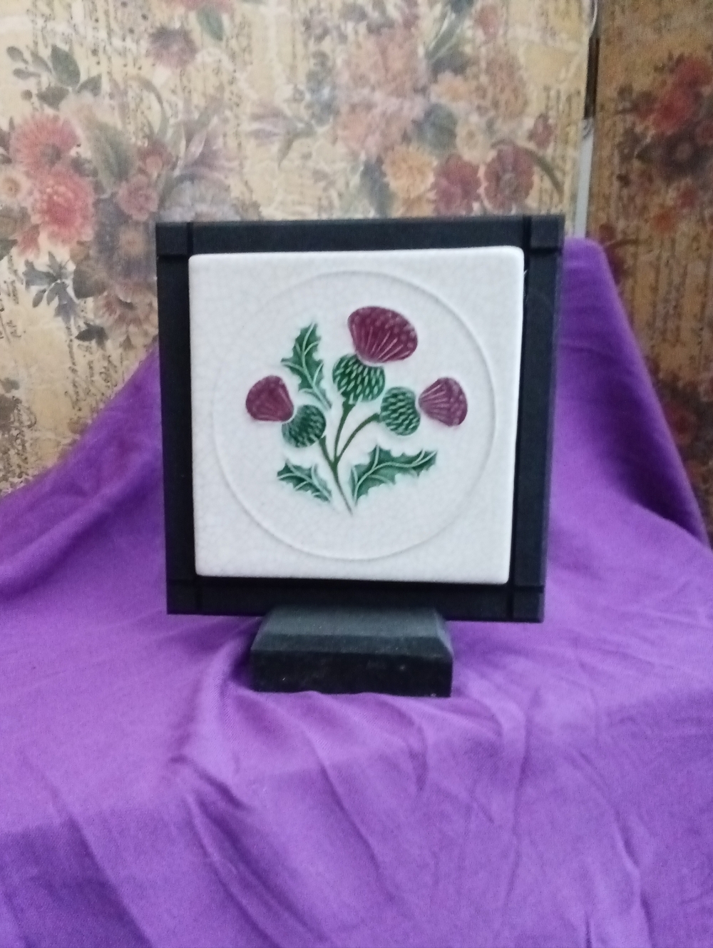 Handcrafted Ceramic Tile Art with Thistle Motif - White, Green & Purple
